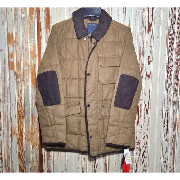 Nautica Quilted Brown Jacket Elbow Patches Snap &  Zip Closure Size Small - Picture 1 of 7